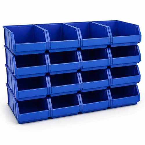 Rodopi 16er Set Stapelboxen, Größe L | Sichtlagerkästen 335x209x152mm | Robuste Lagerboxen für Werkstatt, Garage, Keller | Sortierkästen für Werkzeug & Baumaterialien Blau