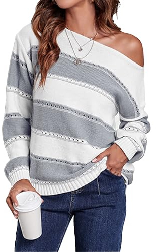 Koerye Jersey Mujer Otoño Invierno Punto Cuello Redondo Suéter Manga Larga Basico Bloque de Color Rayas Casual Felpa Jersey Pullover Camiseta Gris,L