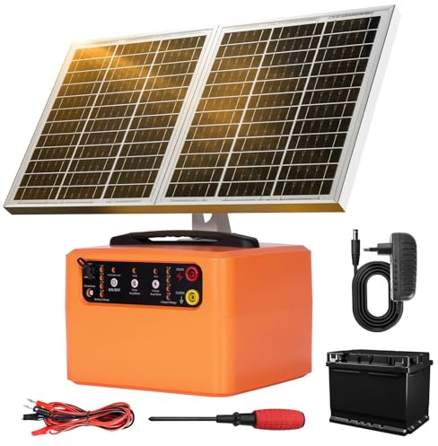 48KM Solar Pastor Electrico con Batería, 6KV-12KV pastor electrico Cerca eléctrica Controlador, 0.3-1.5J Cerca eléctrica Pastor para Cría de animales pastores, para Granja Pastar Jardín (Orange)