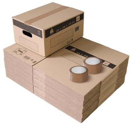 Pack and Move - Lot 30 Cartons Déménagement Stockage S - 36 x 28 x 18 cm - Poignées renforcées - 2 adhésifs offerts