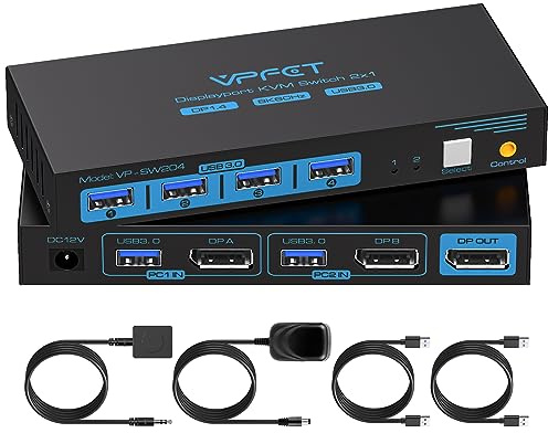 8K60Hz KVM Switch Displayport USB 3.0 KVM-Switches 4K120Hz KVM-Umschalter mit 4USB 3.0-Anschlüssen geeignet für Maus Tastatur Drucker U-Disk für 2 Computer, die sich 1 Monitor teilen