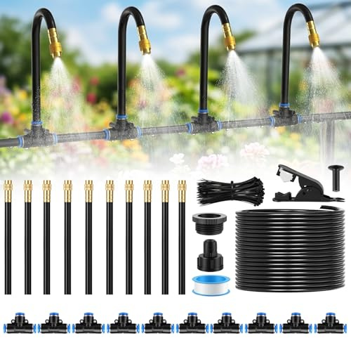 YAOBLUESEA Kit di Irrigazione Nebulizzata 360° Curvo 10m, Tubo PE+PP, Ugello in Ottone Regolabile, Sistema Goccia per Giardino Serra Balcone Orto