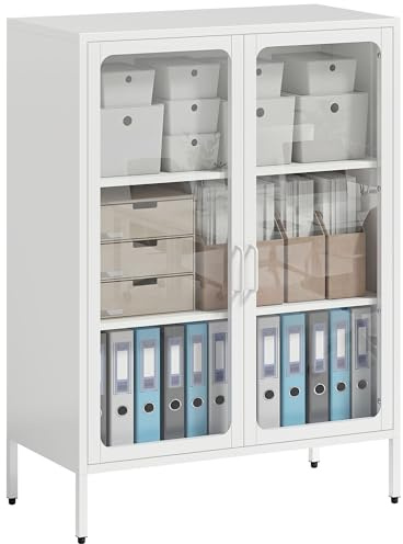 HOMCOM Armoire de Bureau à 3 Niveaux avec 2 Portes en Verre, Meuble de Rangement Bureau en Acier avec 2 étagères réglables, Armoire à dossiers pour Documents et Papeterie, 80 x 40 x 110 cm, Blanc