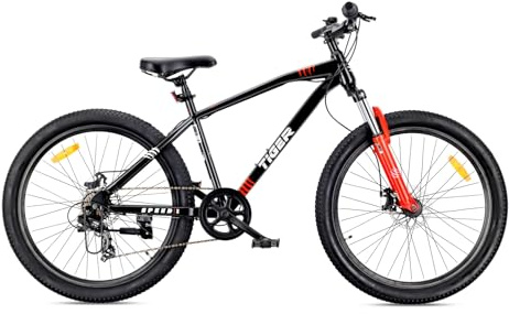 sun baby TIGER BIKE Bicicletta da 26 pollici, mountain bike per ragazzi e uomini, bici da montagna 26 - telaio in acciaio, 7 marce, freni a disco, ammortizzatore - Nero-Rosso