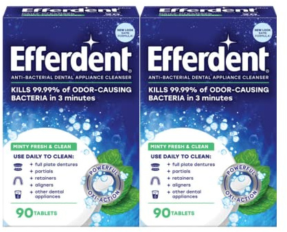 efferdent Retainer Cleaning Tablets, Denture Cleaning Tablets for Dental Appliances, Minty Fresh & Clean, 90 Count, New Packaging - PACKAGING MAY VARY (Pack of 2)
