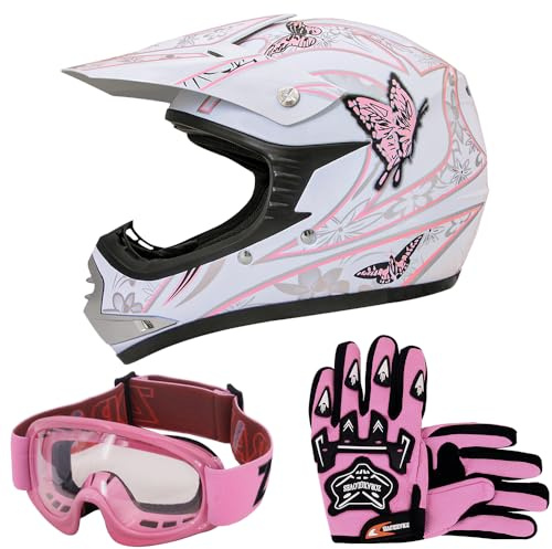 Zorax ZOR-X18 Butterfly L (53-54cm) Children Kids Motocross Dirt Bike Off Road Motorbike Helmet ECE 2206 & Gloves L(7cm) & Goggles