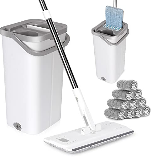 MASTERTOP Serpillière Seau Essoreur, Balai Plat Microfibre Rotative 360° et Seau Essoreur Auto-Lavage, Vadrouille de Mains Libre pour Nettoyage de Sol Lisse avec 5 Tampons Réutilisables (Blanc)