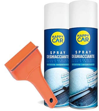 HappyCar - 2pz Deghiacciante Spray + Raschietto - Sciogli Il Ghiaccio - per Parabrezza e Vetri - Sblocca Finestrini, Cerniere, Guarnizioni e Serrature - 300ml