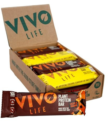 Vivo life Plant Protein Bars - High Protein, Nutrient dense, Slow Release Energy - 12 x 65g Pack Mix (Cacao & Orange and Lemon & Cashew)