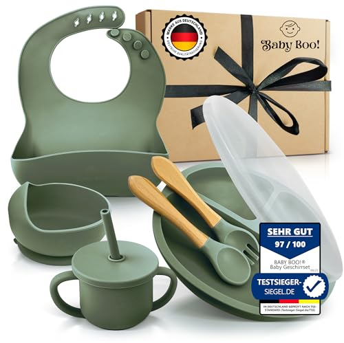 Baby Boo!® Geschirr-Set | 9-teiliges Silikon Kindergeschirr | Baby Lätzchen | Saugnapf-Teller & Schüssel | Trinklernbecher & Kinderbesteck | BPA-frei | ideal als Babygeschirr (Grün)