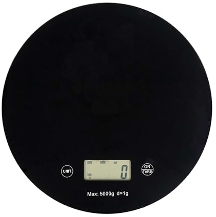Intirilife Küchenwaage Digitale runde Lebensmittelwaage mit LCD Display in Schwarz aus Glas und ABS-Kunststoff - Max. 5 Kg - 20 x 1.6 cm - Elektronische Haushaltsware inklusive Batterien