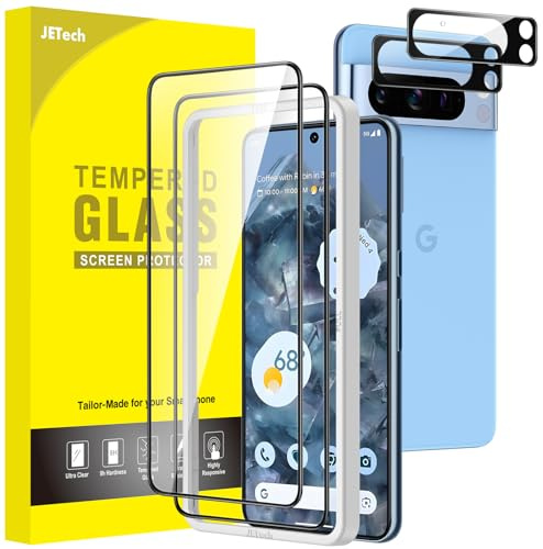 JETech Skärmskydd för Google Pixel 8 Pro, 2+2-Pack | med Kameralinsfolie, HD Klart Härdat Glas, Fingeravtryck ID Kompatibel, Repskydd, Enkel Installationsram
