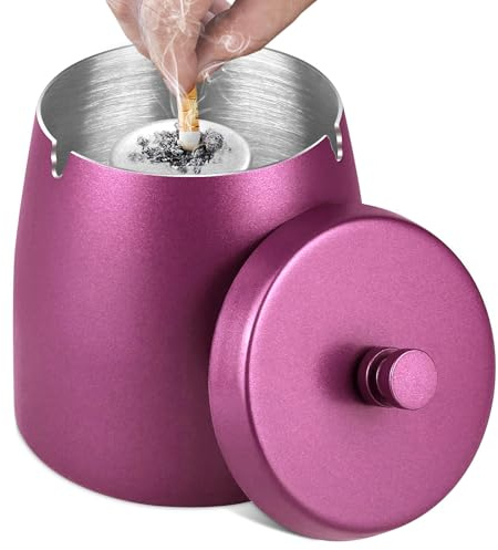 Cenicero con tapa (10 x 9 x 10 cm) - cenicero grande resistente al viento, cenicero de pie para interior y exterior, rojo rosa
