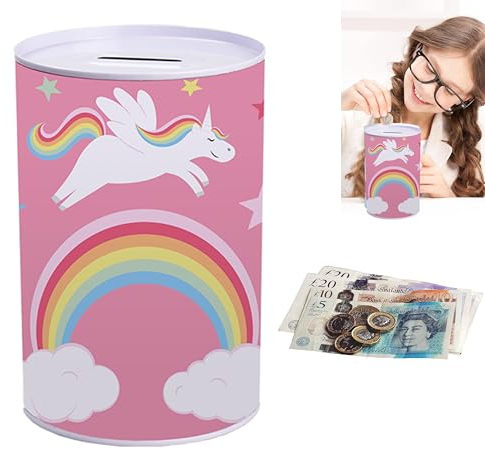 Metal Money Tin- Unicorn Design, Cash Tin for Girls, Creative Birthday Gifts Desk Decorations Ornament, Save Birthday Money, Summer, Holiday, Christmas Fund Size-14cm