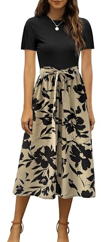 Zattcas Women 2026 Summer Dress Short Sleeve Ribbed Teacher Church Modest Business Casual Work Outfits Midi Dress with Pockets Blacktaupe L