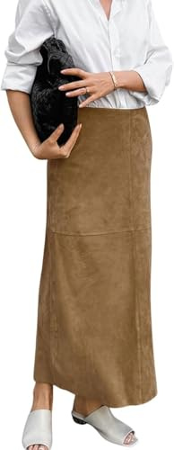 FENXIXIONE Donna Camoscio finto Gonna Gonna, Elegante Vita alta Linea A Gonne, Autunno Inverno Vestibilità regolare A matita Gonna lunga (L)
