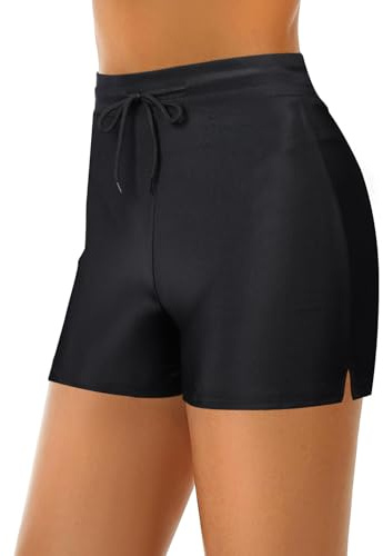 Runmeihe Women's Swim Shorts with Adjustable Drawstring, Quick Dry Ladies Swim Trunks, Swimming Costume Bottoms for Surfing Cycling Running Workouts (UK L, Regular, Regular, Black)