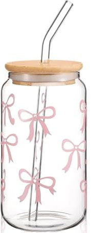 Hejo Bow Verres avec Paille, 500ml Verre Matcha avec Couvercle, Verres à Cocktail avec Décoration Bow, Grand Verre Réutilisable pour Bière, Lait, Eau, Jus, Café