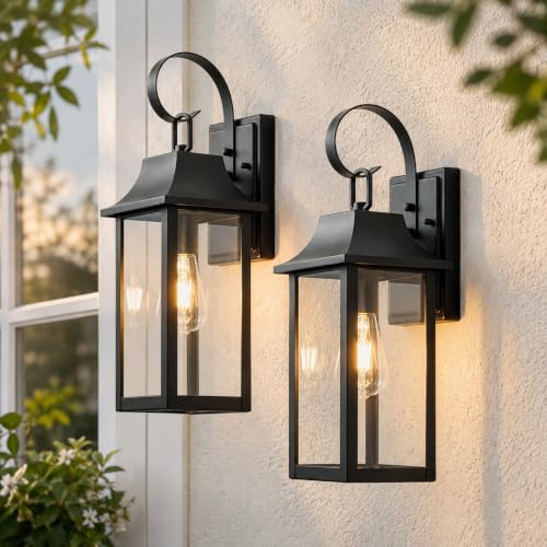 FTL Wall Lights for Outdoor, 2 Pack Vintage Black Wall Lantern, Large Outside Porch Light, E27 Exterior Wall Sconces, Clear Glass Front Door Lighting, IP44 Waterproof Outside Wall Lamp for Patio, Yard
