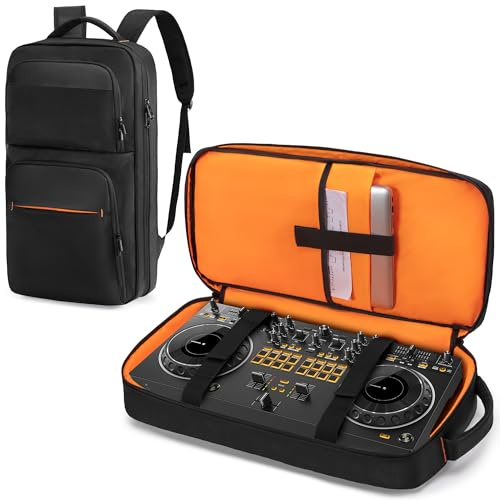 Rexmica DJ Controller Backpack Compatible with DDJ 400/ SB2/ SB3/ DDJ-REV1/ DDJ-FLX4, Padded DJ Controller Storage Bag with Laptop Sleeve, DJ Mixer Carrying Case for DJ Equipment, Cable