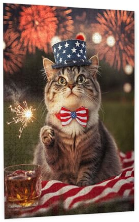 RMYRHQ American Cat Celebration Stars&Stripes Bowtie Sparkler Fireworks&Picnic Blanket Wood Jigsaw Puzzles Adult 1000Pieces Savor the Puzzle Solving Journeys Ideal Present to Patriotic Enthusiasts