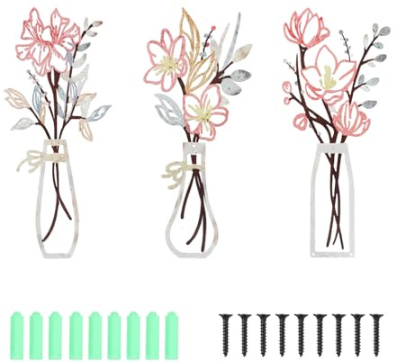 3uds Decoración de Pared Flores Metal, Arte Pared Jarrón Flores Metálico Minimalista, Escultura Pared Metal, 35x13cm Adornos pared metalicos Moderno para Dormitorio, Salón, Baño, Pasillos (Rojo)
