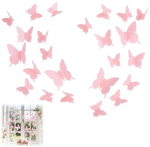 Butterfly Wall Stickers, 24pcs 3D Removable Pink Wall Art with Lifelike Design – Cute Room Decor for Girls Room Decor Nursery Wall Stickers and Aesthetic Room Decor