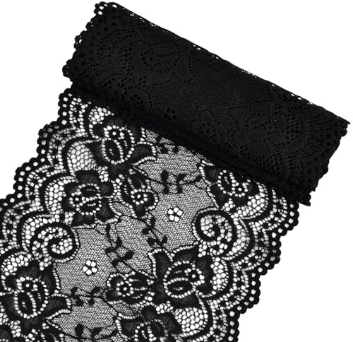 Black Lace Ribbon, Vintage Stretch Floral Pattern Lace Fabric, Wide Decorative Lace Border for Crafts, Sewing, Gift Wrapping and Bridal Wedding Decorations (6 x 38.6 inches)