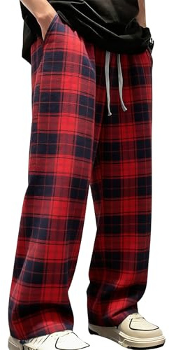 HAOLEI Plaid Pyjama Bottoms Men - Men's Checkered Pj Bottoms Wide Leg Elastic Waist Plaid Trousers Baggy Elasticated Waist Lounge Pants Flannel Pajama Pants with Pockets
