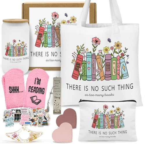 Hokoad Book Lovers Gifts for Women, Bookish Gifts for Readers, Iced Coffee Glass Cup Canvas Tote Bag Makeup Bag Bookmarks, Book Accessories for Reading Lovers Birthday Appreciation Present