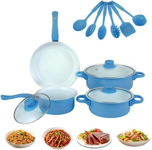 13-delars Non-stick Kastruller Och Stekpannor Set Induktionskokkärl, Non-stick Kastrull Stekpanna Soppgryta Med Lock, Stenbelagd Spishäll Set, Lätt Att Rengöra Köksredskap Blue