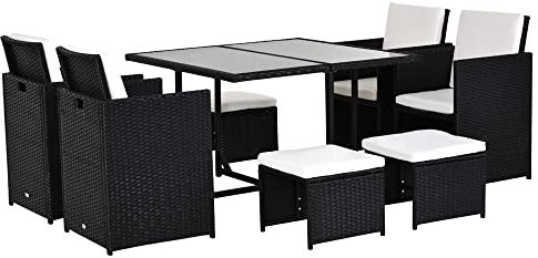 Outsunny 8 Seater Rattan Cube Garden Furniture Set, Space Saving Outdoor Dining Set with Cushions, Garden Table and Chairs with 4 Armchairs, 4 Footstools, Square Glass Top Table, Black