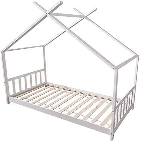 Lit cabane Enfant 190 x 90 cm en Bois de pin Blanc, avec sommier, tête et Pied de lit, Gaspard
