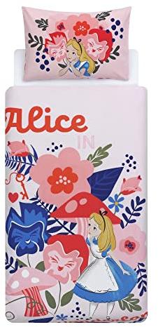 Disney Home Alice in Wonderland Reversible Two Sided Duvet Cover Set,100% Cotton, Single Size,2 Pieces,135x200cm+50x70cm (54x79 inches)