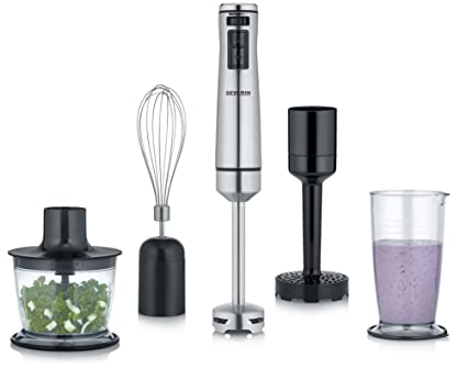 SEVERIN Stabmixer mit Premium-Set, abnehmbarer Mixstab 4-Klingen-Edelstahlmesser, mit Pürierstab, Schneebesen, Multizerkleinerer, Kartoffelstampfer und Mixbehälter, SM 3774