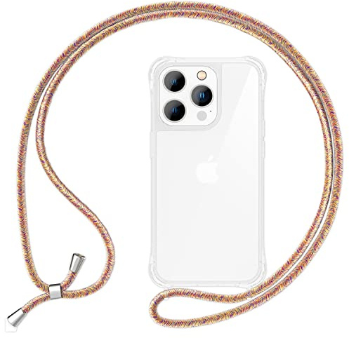 NALIA Coque Cordon pour iPhone 14 Pro Max - Housse Hybride Transparente & Lanière - HANGIT Pro (Dos Anti-Jaunissement & Réglable) - Marque Allemande, Couleur:Arc-en-Ciel