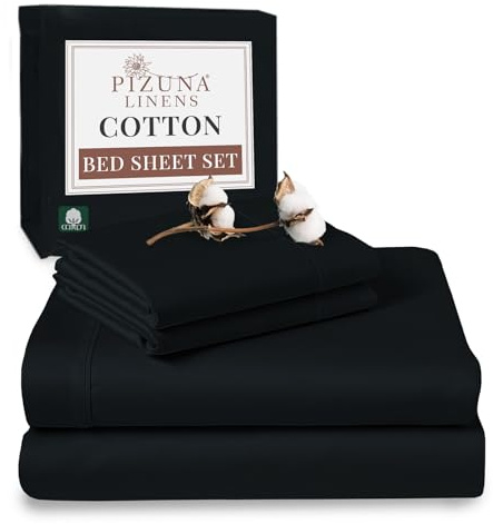 Pizuna 100% Cotton Super King Bed Sheet Set Black, 400 Thead Count Long Staple Cotton Bedding Set 300x280 cm, Soft Sateen 4 PC King Bed Sheet Set -Fitted Sheet, Flat Sheet & 2 Pillowcases