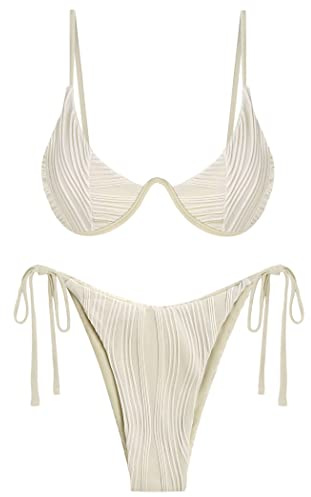 ZAFUL Women Sexy Brazilian Bikini 2 Piece Spaghetti Strap Top High Cut Thong Swimsuit Bathing Suit Beige L