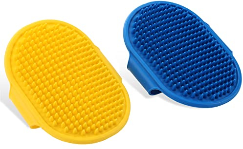 cobee Hundepflegebürste Katzen Haarbürste, 2 Stück Silikonkautschuk Haustier Badebürsten mit verstellbarem Riemen Griff Gummi Dusche Shampoo Bürste Welpe Massagebürste (Gelb Blau)