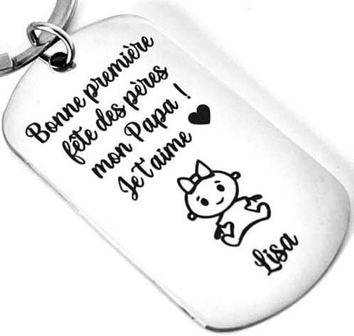 Premiere Fete des Peres - Porte clé personnalisé en inox miroir - Cadeau Papa pour une première fête des pères