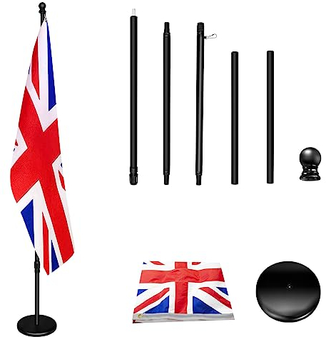 Mât de drapeau d'intérieur avec base, 200 cm-252 cm surélevé et abaissé pour régler la hauteur, la base ajoute du poids, mâts de drapeau pivote à 360 degrés, drapeau britannique 90 x 150 cm. Convient