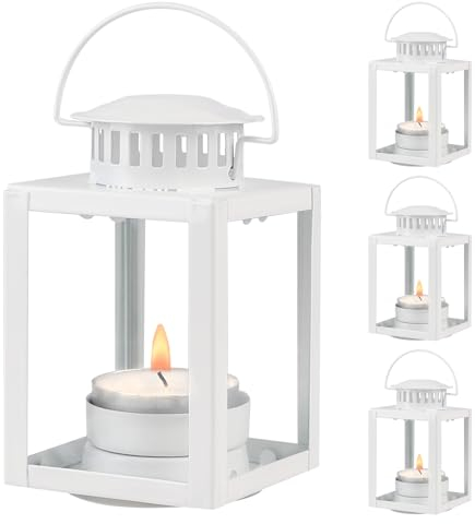 SWAWIS 4 Pezzi Lanterne Decorative, Vintage Lanterna Sospesa Portacandele Lanterne da Giardino Sospese, Lanterna per Candele Tealight, Lanterne da Esterno per Dcorazione di Matrimonio Natale, Bianco