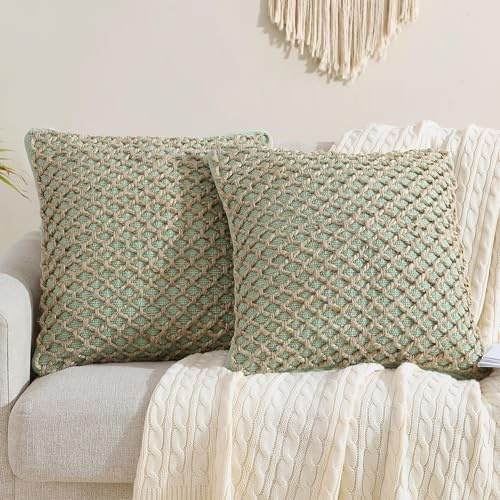 Boho Living Jada 2 Pc Decorative Throw Pillow Covers, Pillow Insert not Included, Premium Woven Design, Living Room Décor, (2) 20 x 20, Sage Green