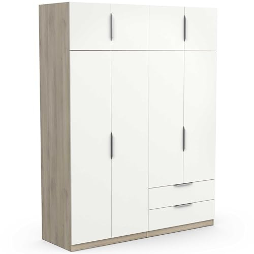 Armoire Dressing avec Penderie Moderne 8 Portes 5 Etagères 2 Tiroirs – Coloris Chêne Kronberg & Blanc Mat - 160 x 50 x 200 cm