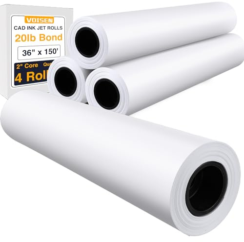 VOISEN Wide Format Paper,4 Rolls Plotter Paper 36 In x 150 Ft, CAD Bond Rolls,20lb,Bond Paper on 2 Core for CAD Printing on Wide Format Ink Jet Printers