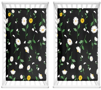 Hiseng 2 Stück Baby Spannbettlaken Bettlaken für Oval & Eckige Matratzen, Weiche Mikrofaser Spannbettlaken Kinderwagen Matratzenschoner für Beistellbett & Kinderwagen (40x90cm,Gänseblümchen 2)
