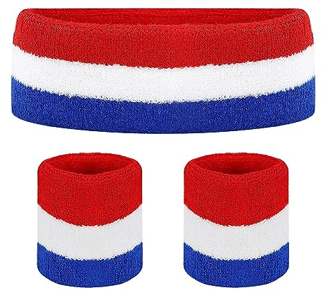 Sweatbands Headband Wristband Set,Sports Athletic Cotton Sweat Band for Sports for Tennis Working Out Boxing Gym Exercise for Athletic Men and Women (Red, White, Blue)