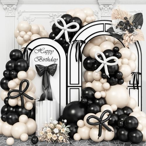 Black White Balloon Arch Kit,Sand White Black Bow Balloon Garland with Black and White Long Balloons for Birthday Baby Shower Anniversary Wedding Party Decorations