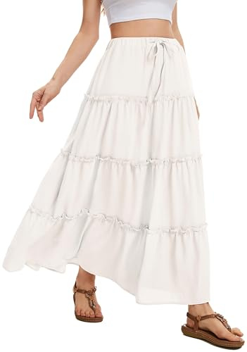 WUWUSKY Women's Skirts Elastic High Waist Flowy Maxi Skirt Summer Casual Elasticated A Line Skirts with Pockets