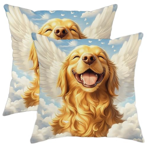 Golden Retrievers - Juego de 2 fundas de cojín con diseño de perro feliz con alas para el hogar, sofá, cama, sofá, regalo para amantes de los animales, decoración de primavera, 71 x 71 cm